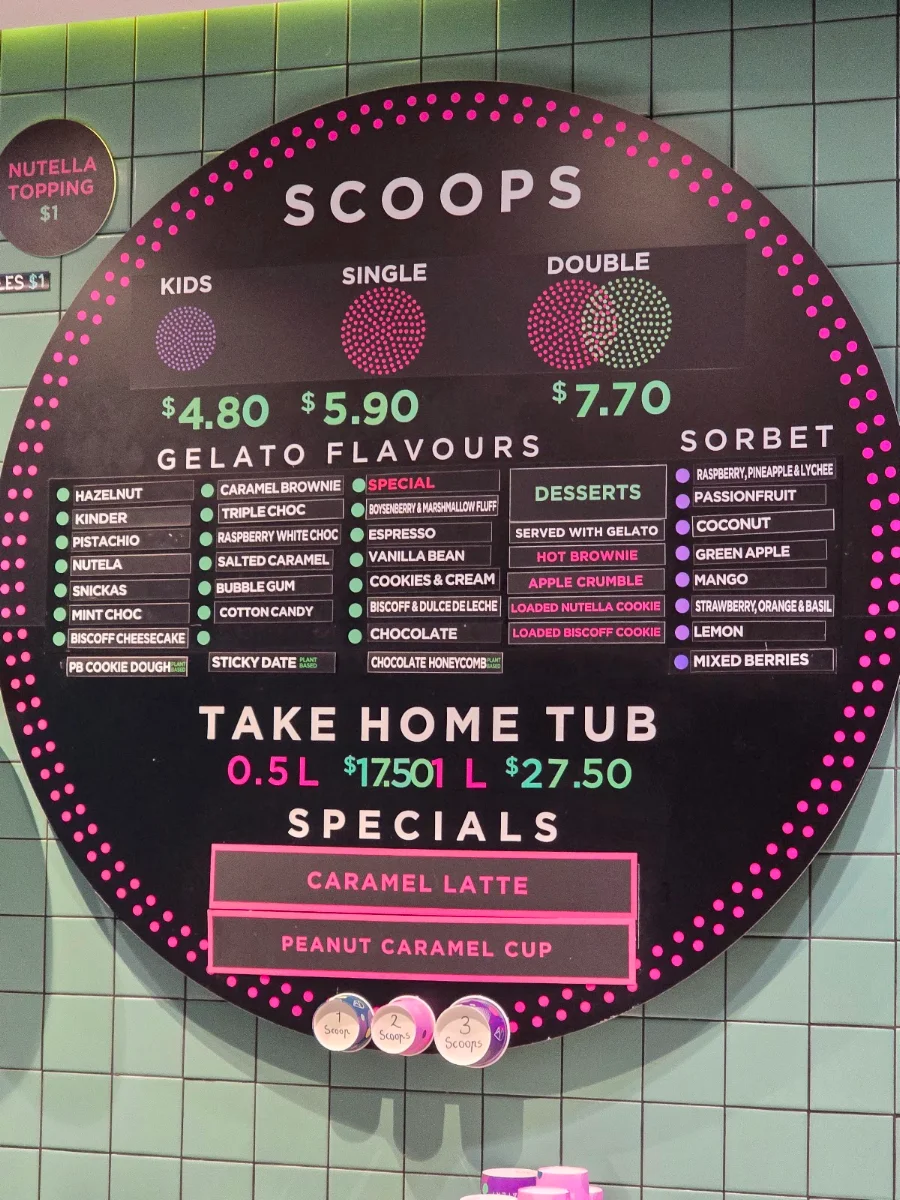 Menu, Augustus Gelatery - Pascoe Vale