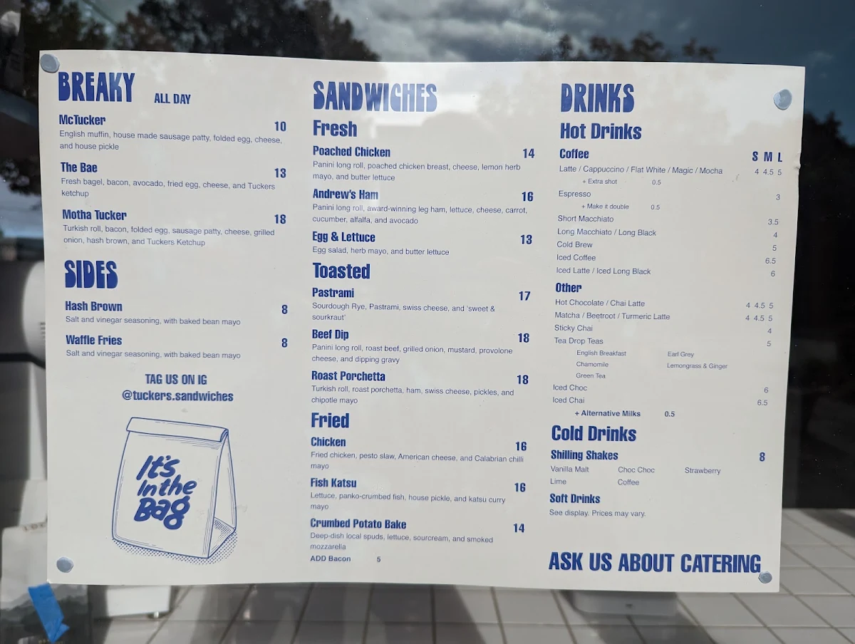 Menu, Tuckers Sandwiches