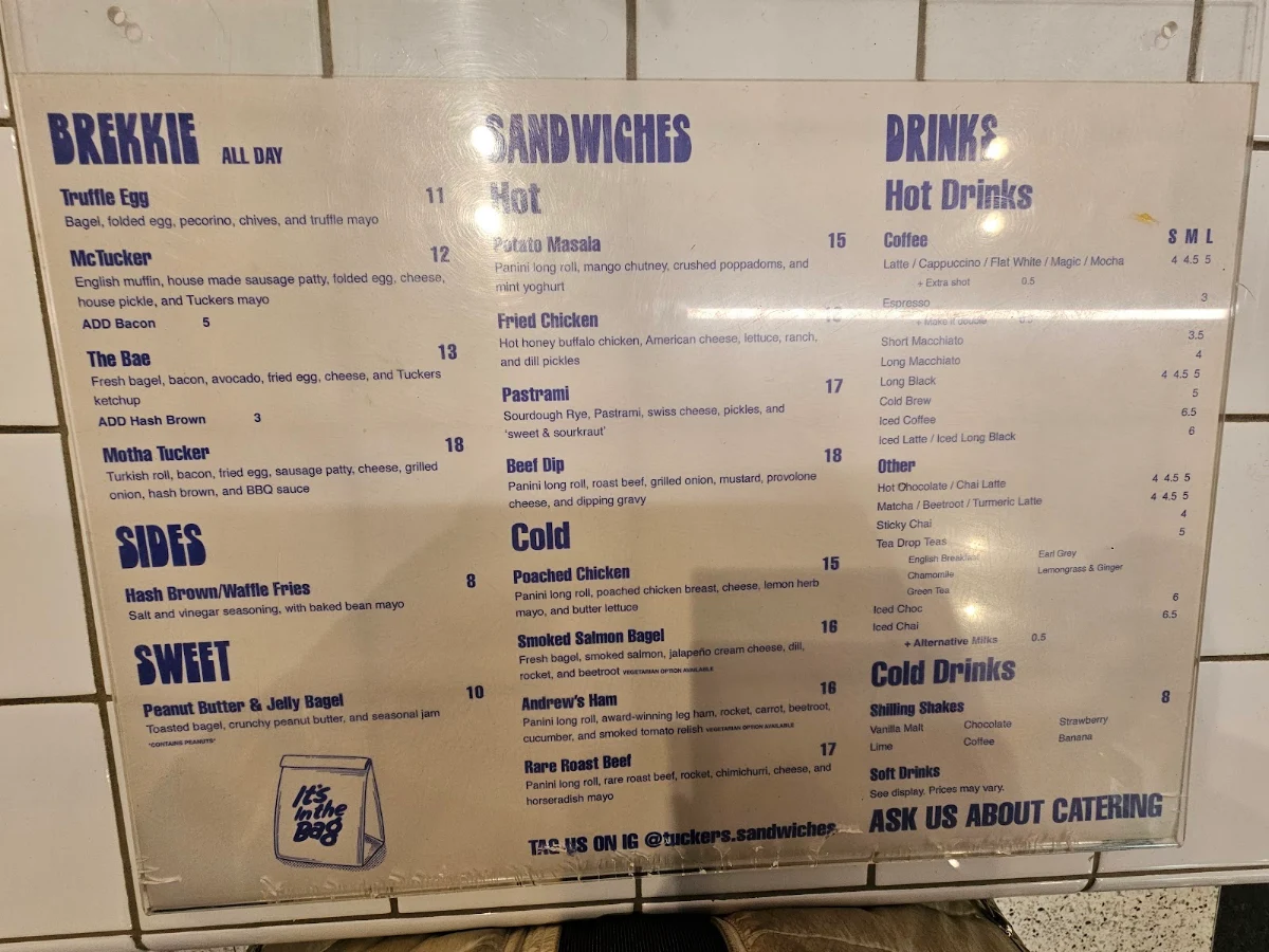 Menu, Tuckers Sandwiches