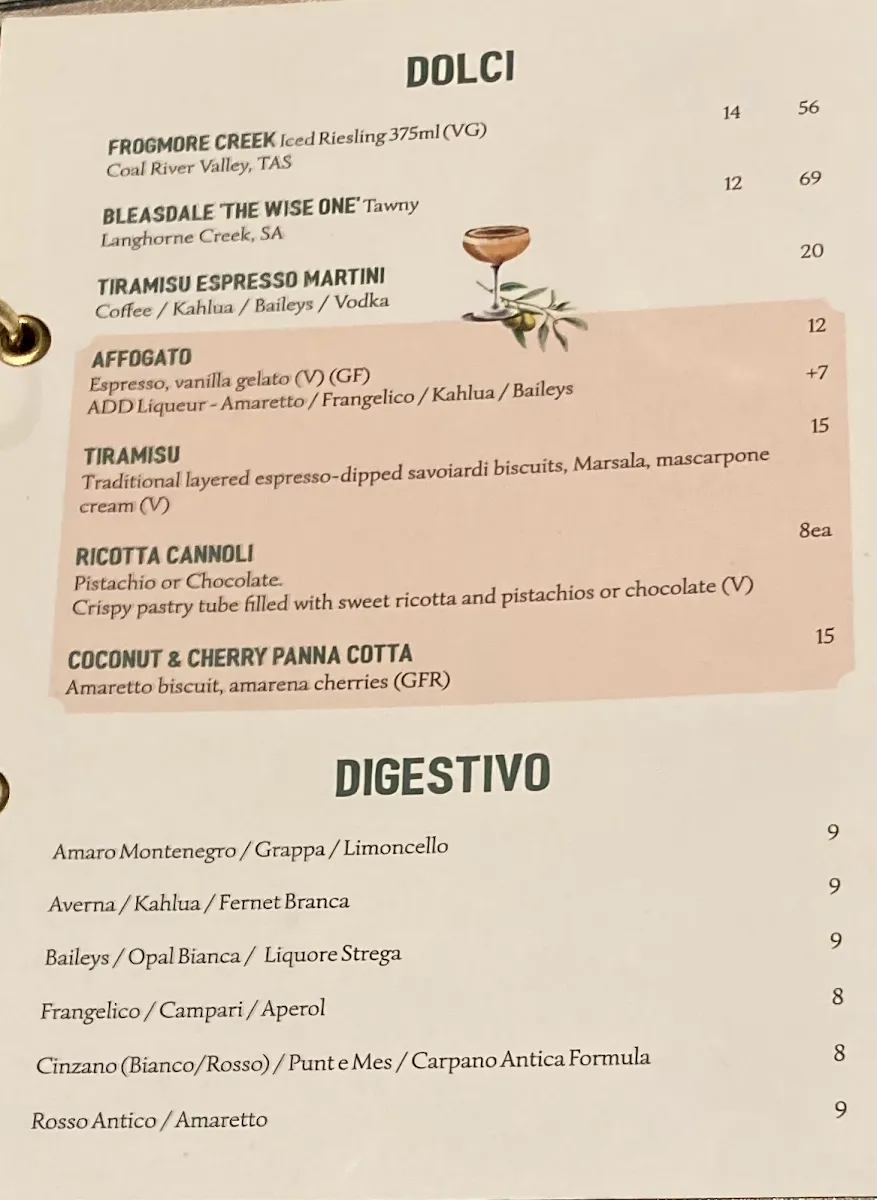 Menu, Casa Perth