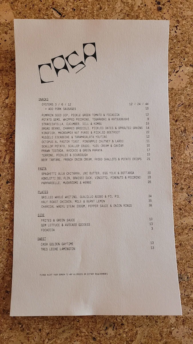 Menu, Casa Perth