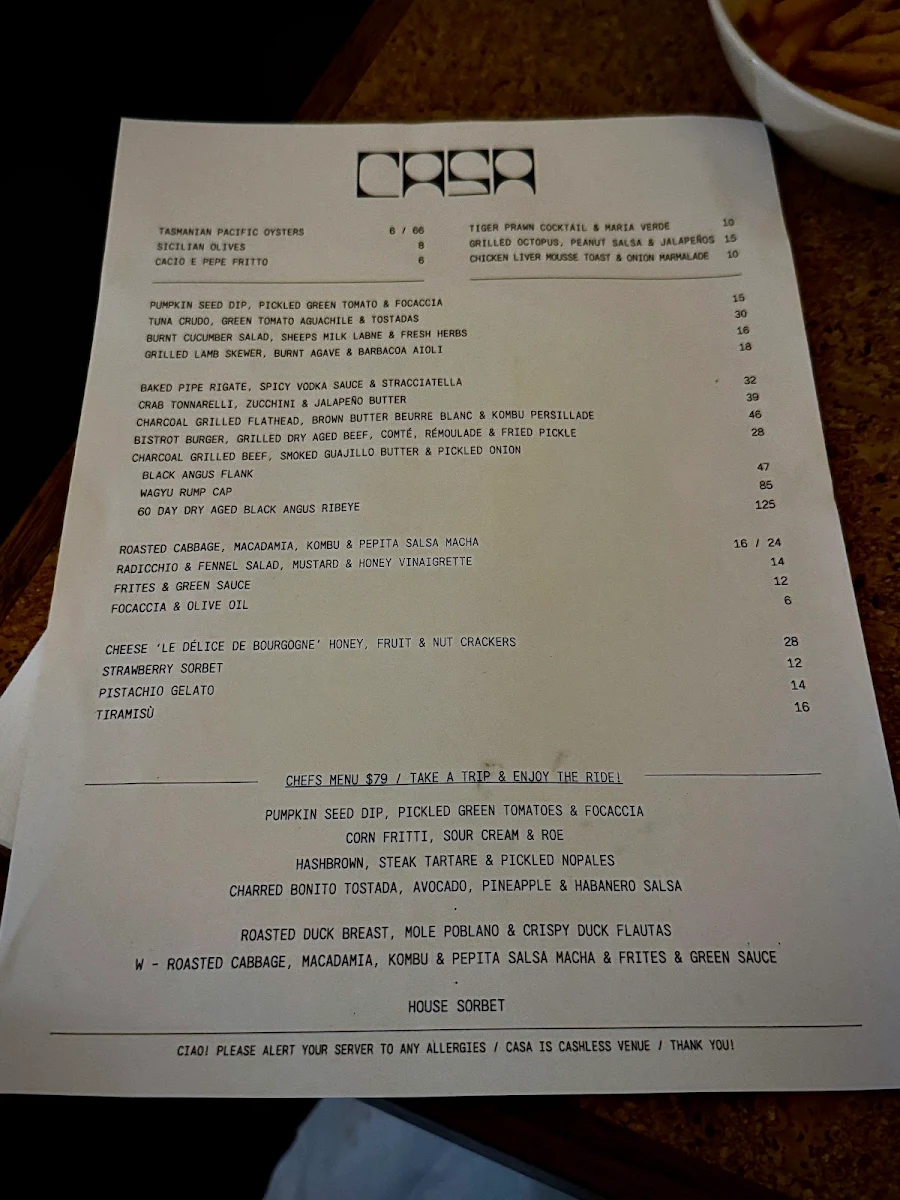 Menu, Casa Perth
