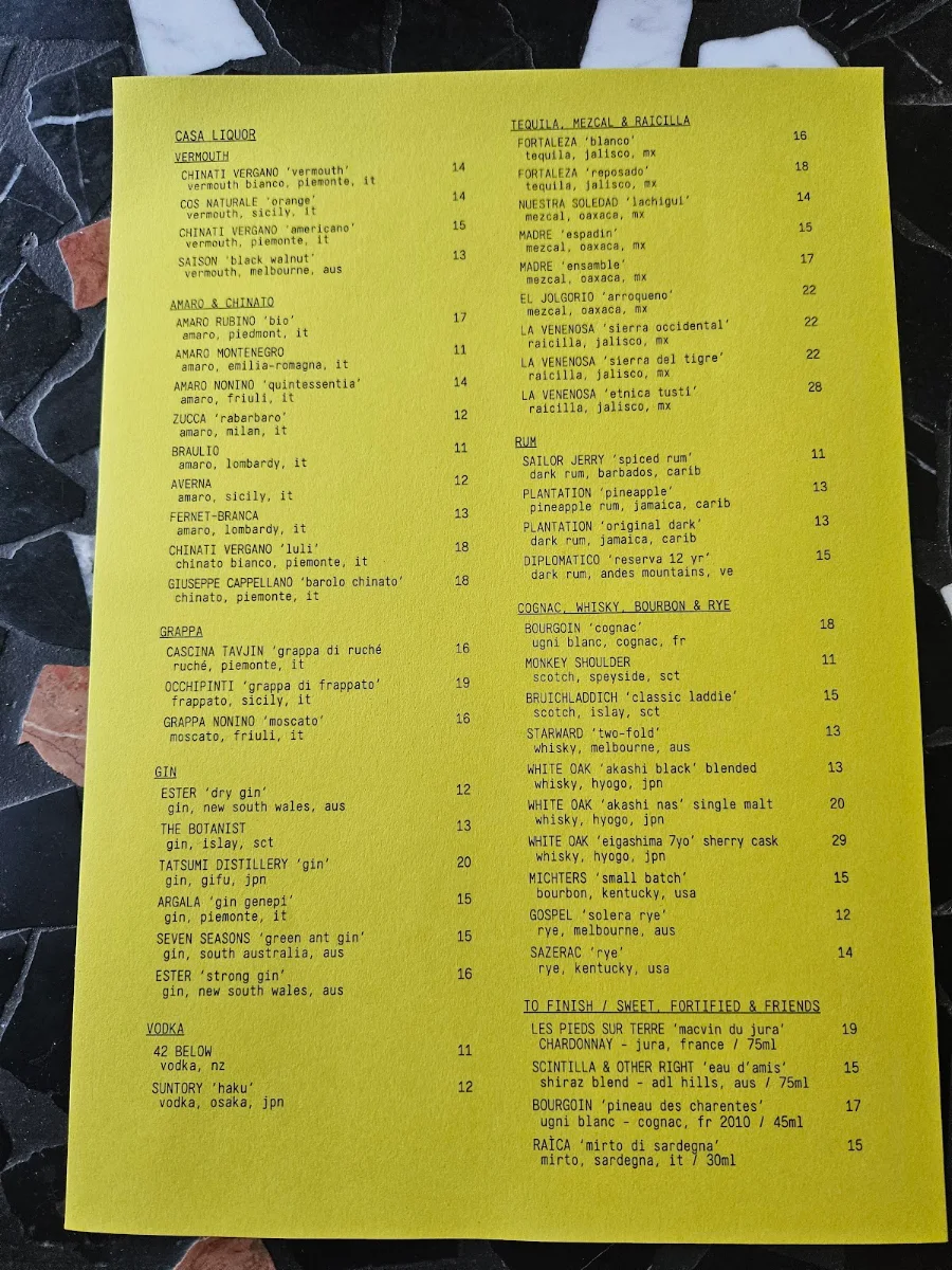 Menu, Casa Perth