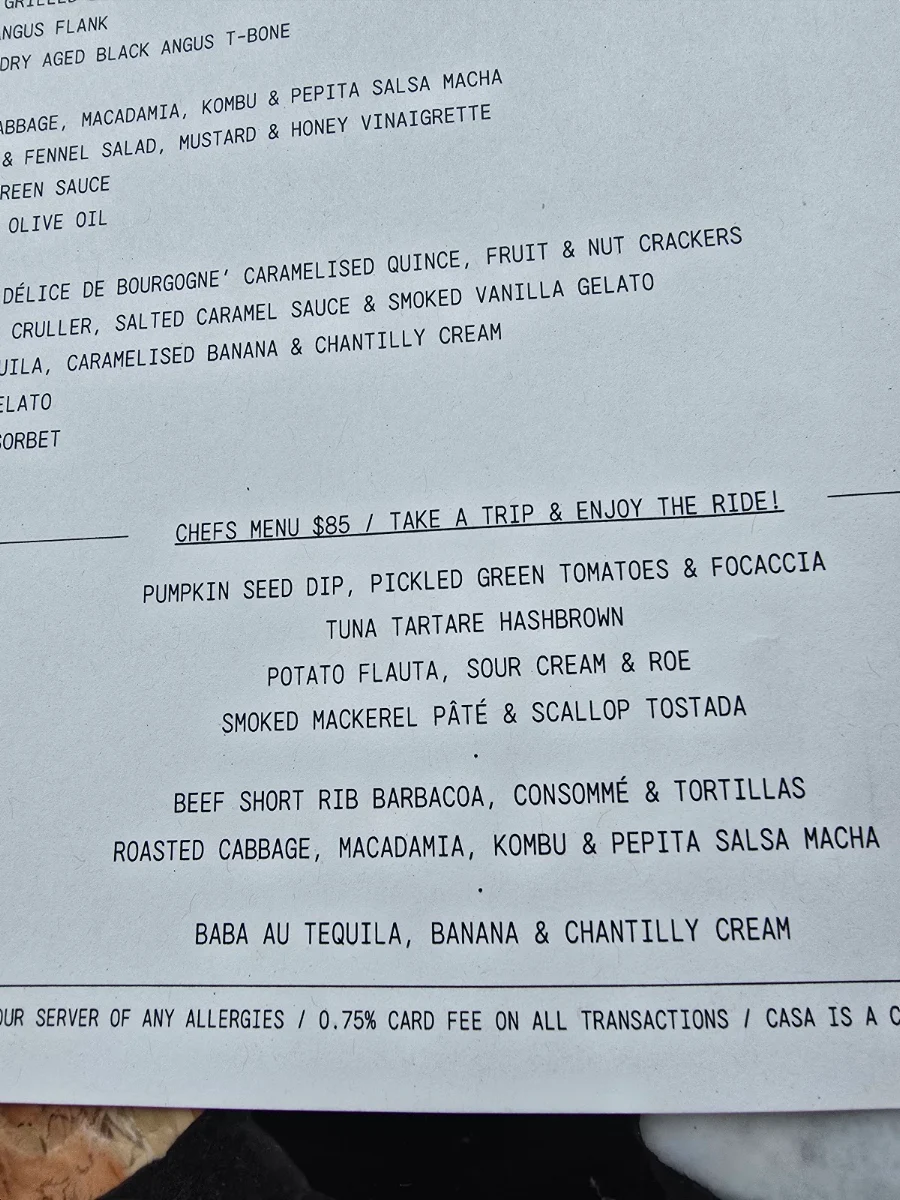 Menu, Casa Perth