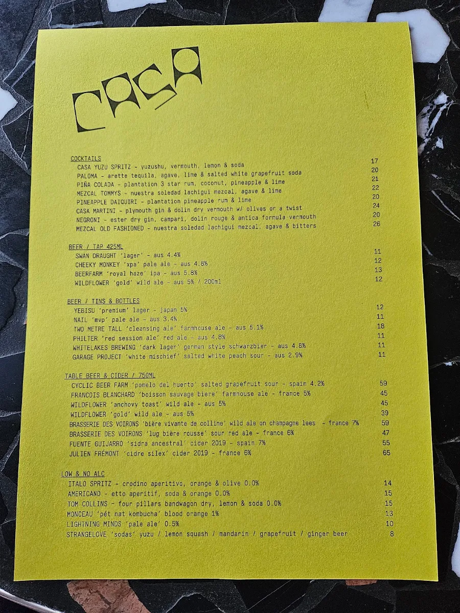 Menu, Casa Perth