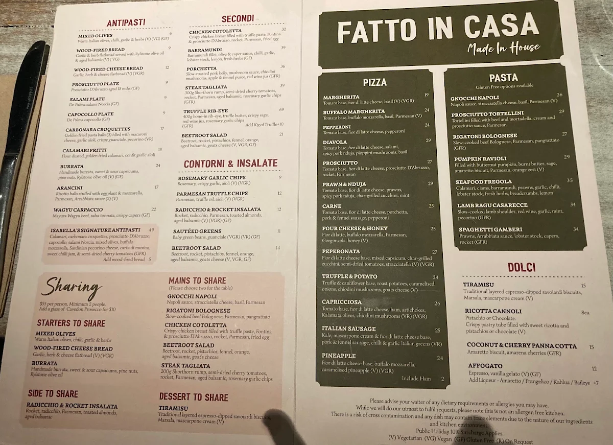 Menu, Casa Perth