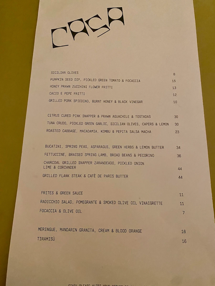 Menu, Casa Perth