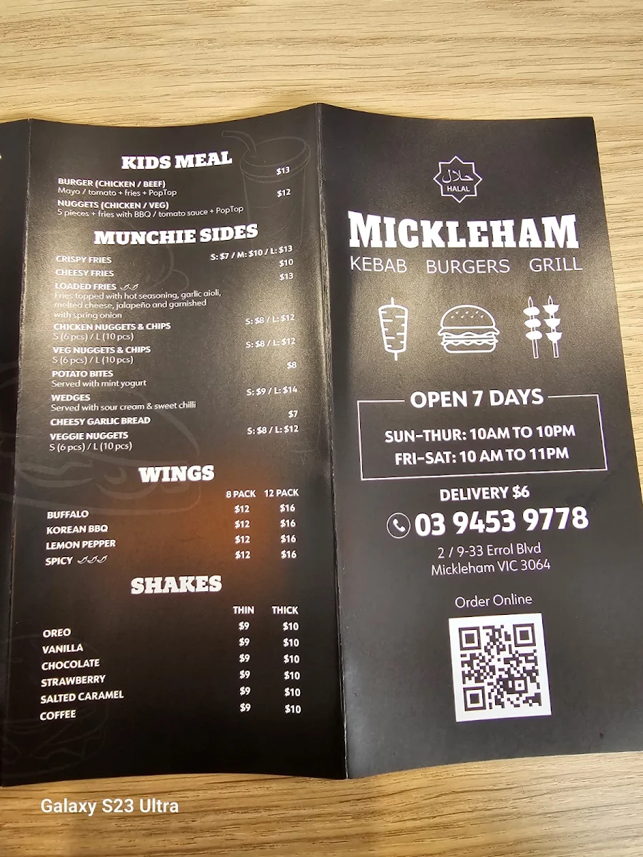 Menu, Mickleham Kebab & Grill