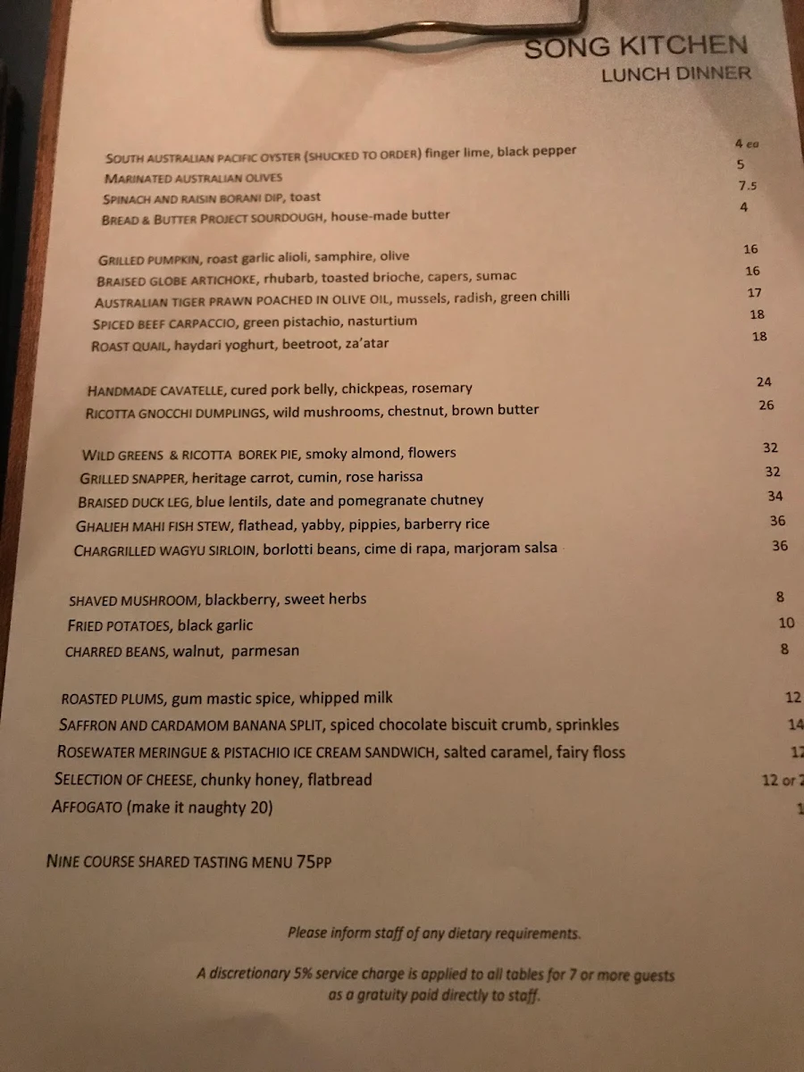Menu, Song Kitchen