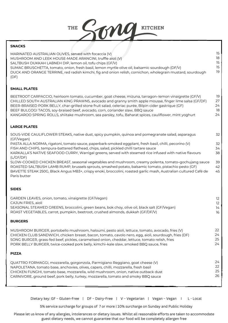 Menu, Song Kitchen