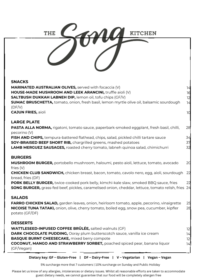 Menu, Song Kitchen