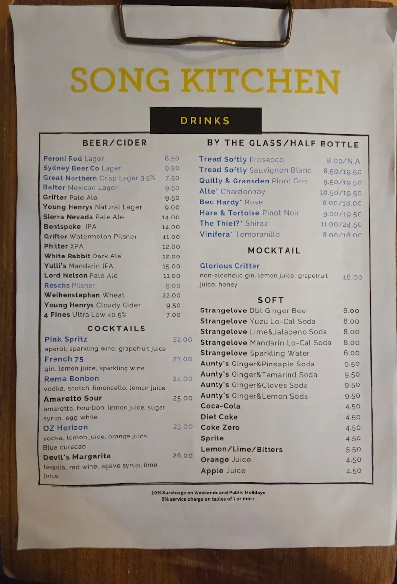 Menu, Song Kitchen