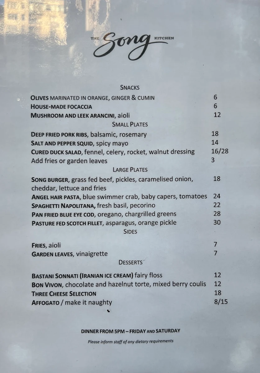 Menu, Song Kitchen