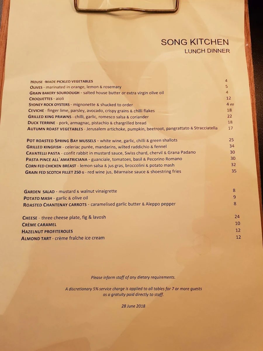 Menu, Song Kitchen