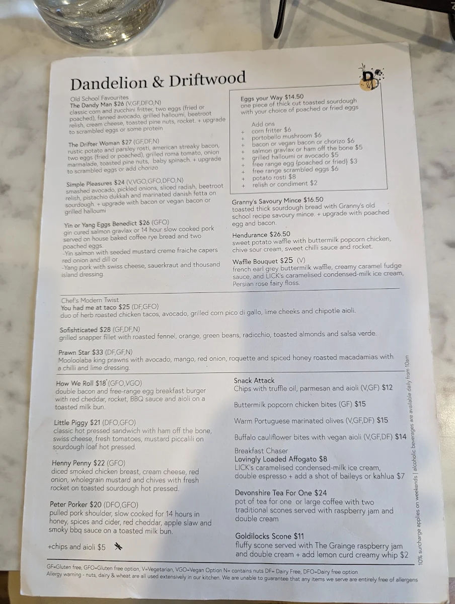 Menu, Dandelion & Driftwood
