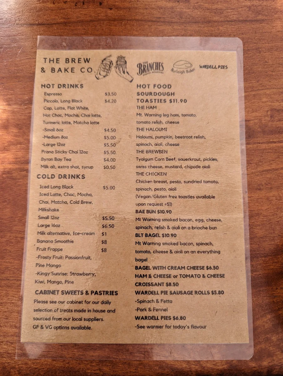 Menu, The Brew and Bake Co