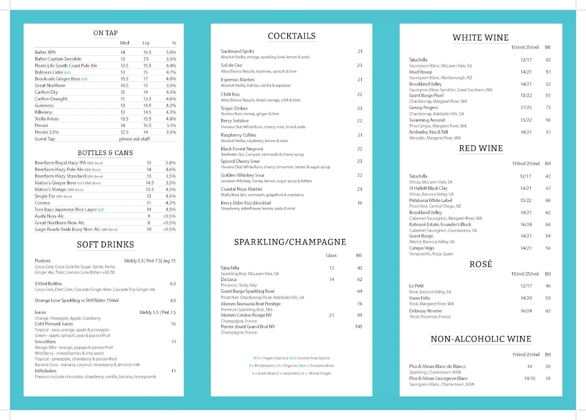 Menu, Mullaloo Beach Hotel