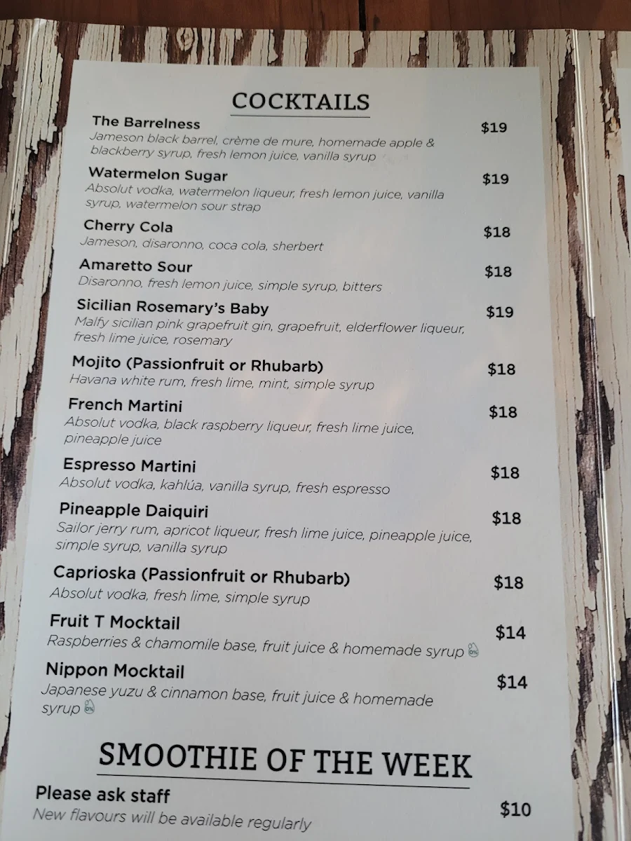 Menu, Mullaloo Beach Hotel