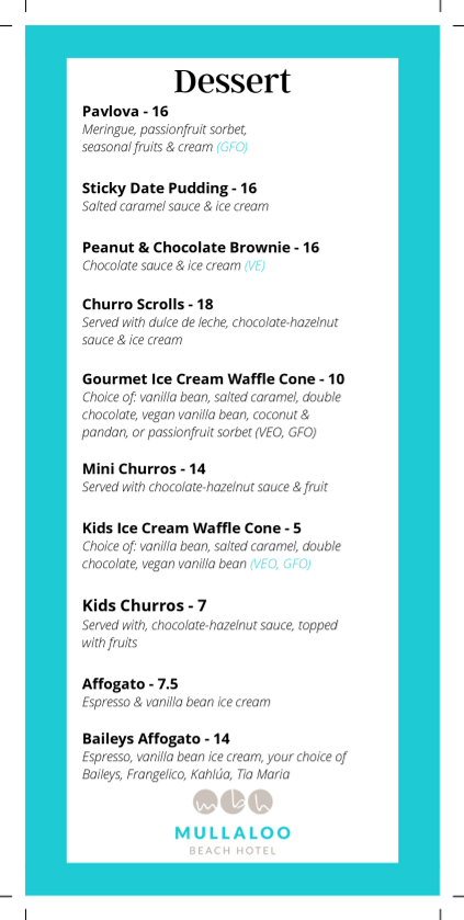 Menu, Mullaloo Beach Hotel