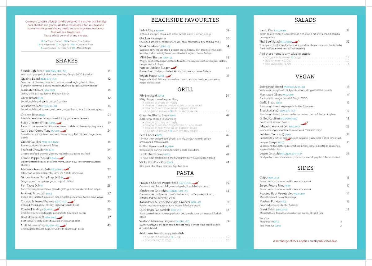 Menu, Mullaloo Beach Hotel