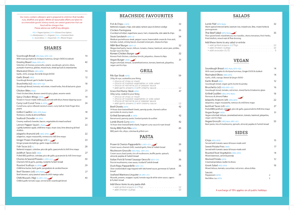 Menu, Mullaloo Beach Hotel