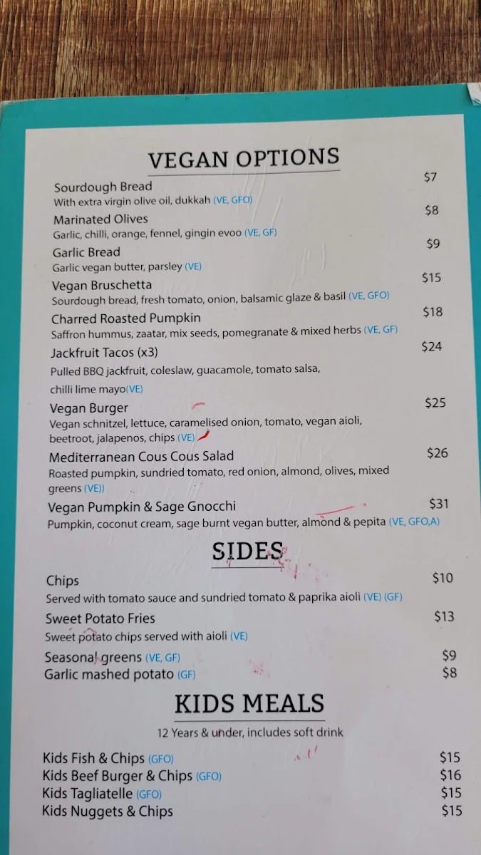 Menu, Mullaloo Beach Hotel