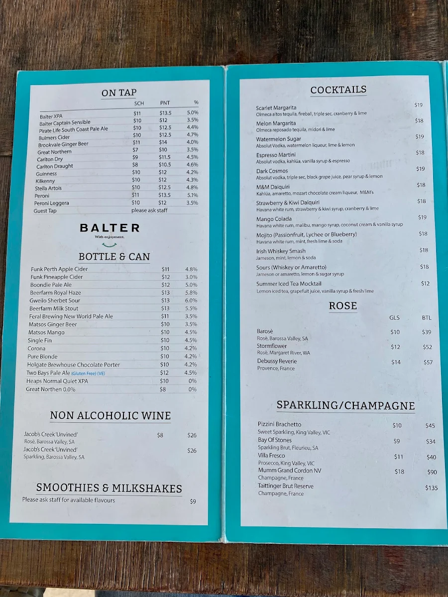 Menu, Mullaloo Beach Hotel