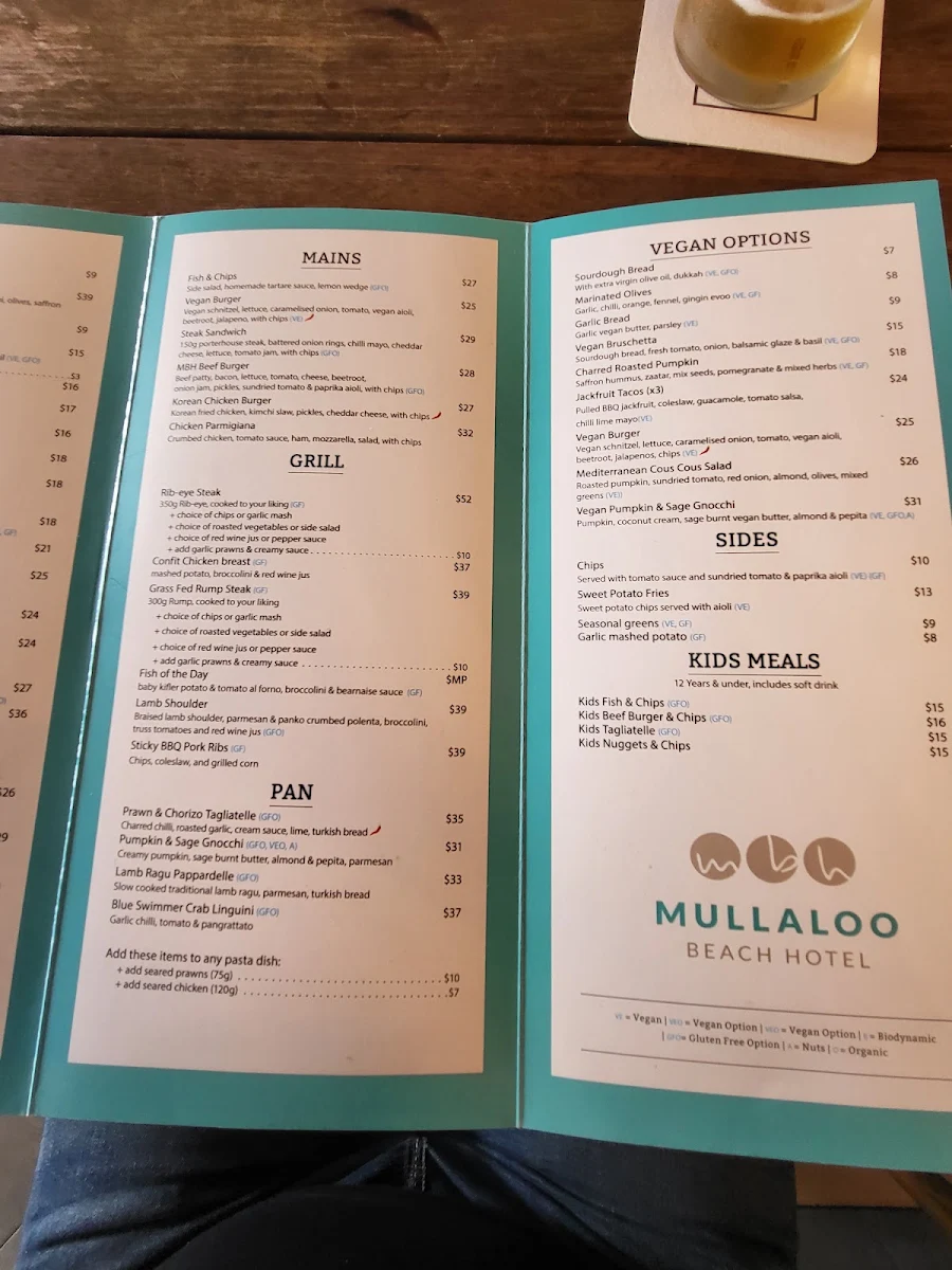 Menu, Mullaloo Beach Hotel