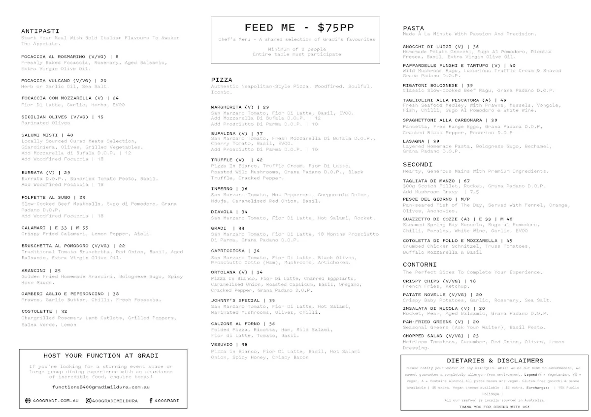 Menu, 400 Gradi Mildura