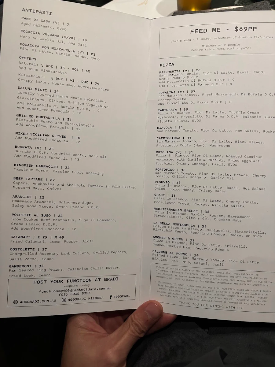 Menu, 400 Gradi Mildura