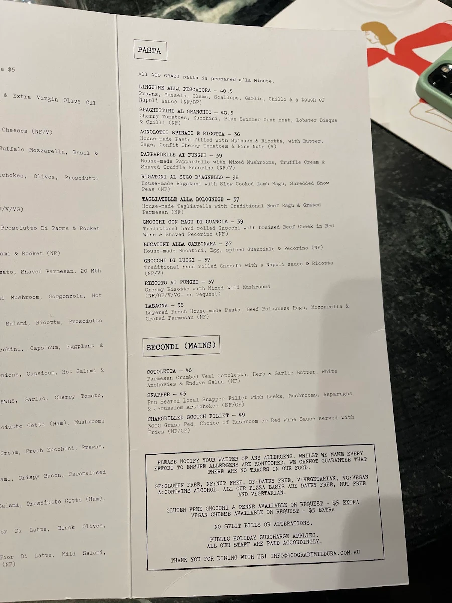 Menu, 400 Gradi Mildura