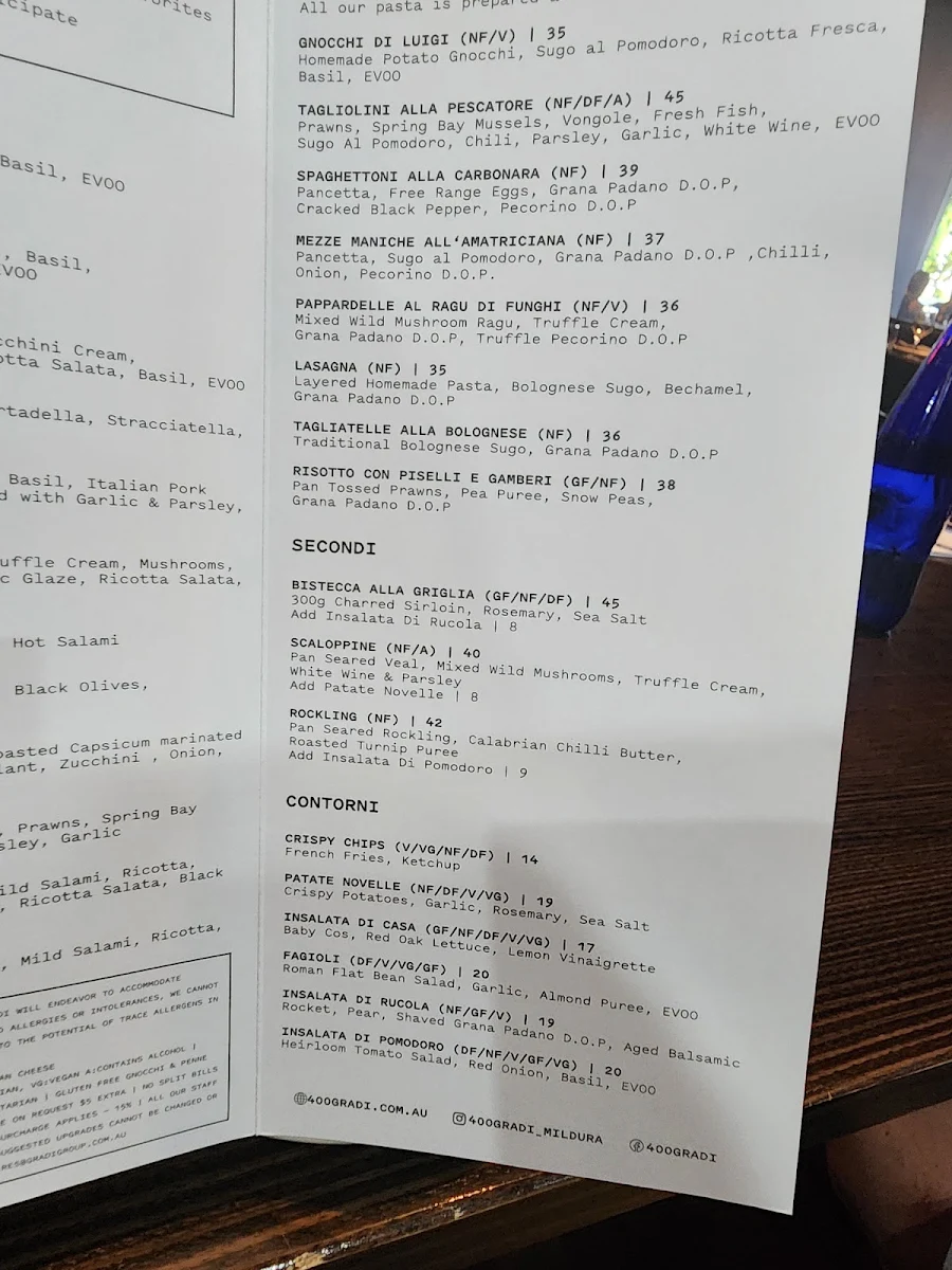Menu, 400 Gradi Mildura