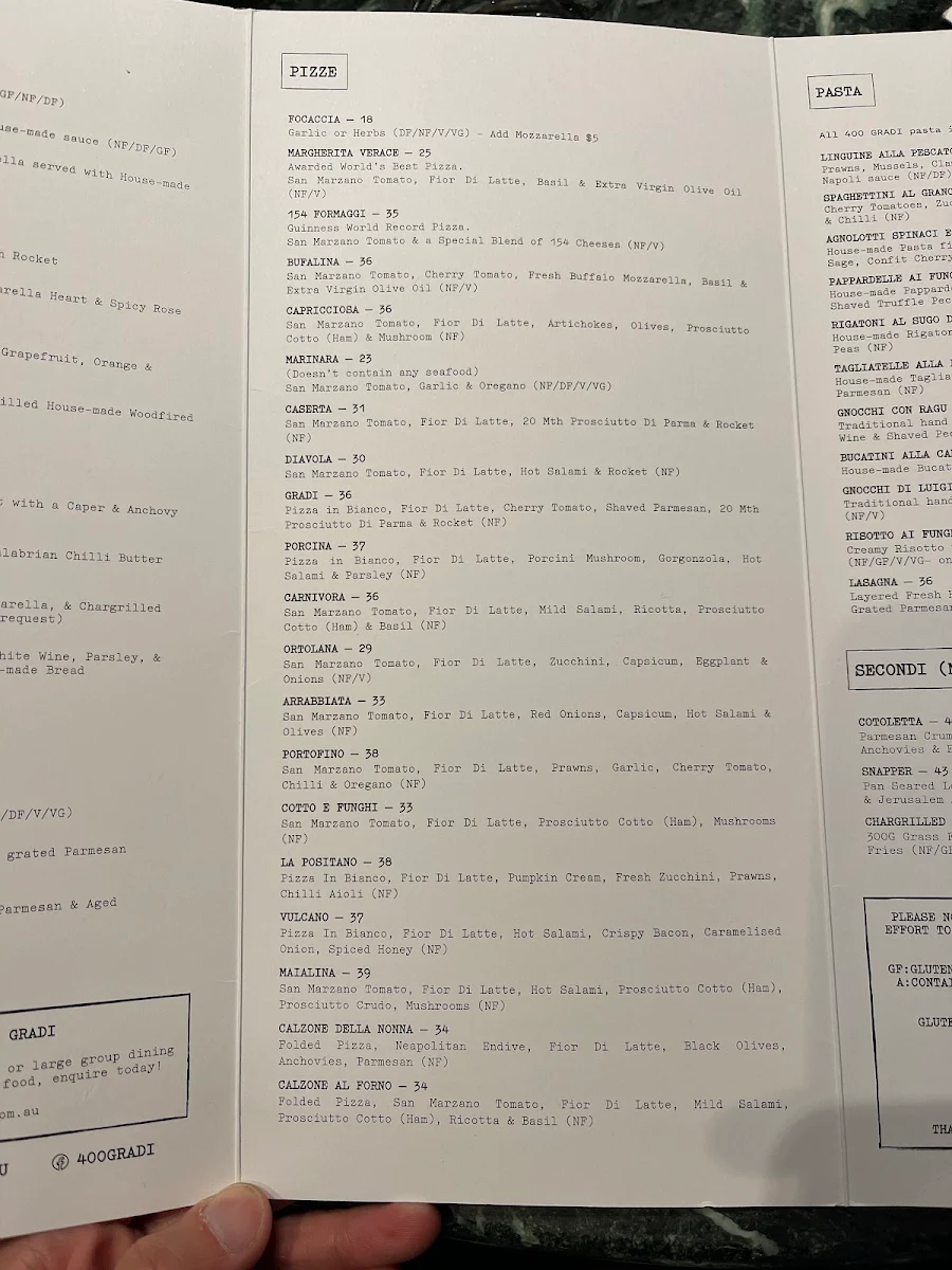 Menu, 400 Gradi Mildura