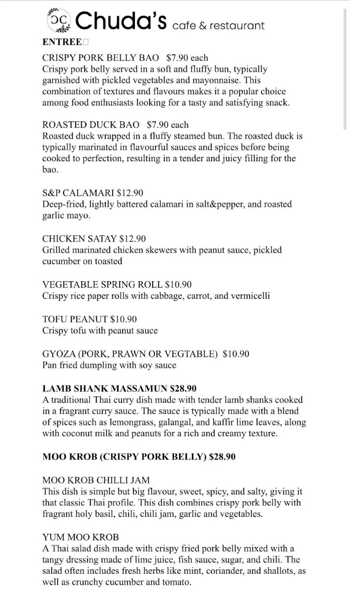 Menu, Chuda's Cafe and Restaurant