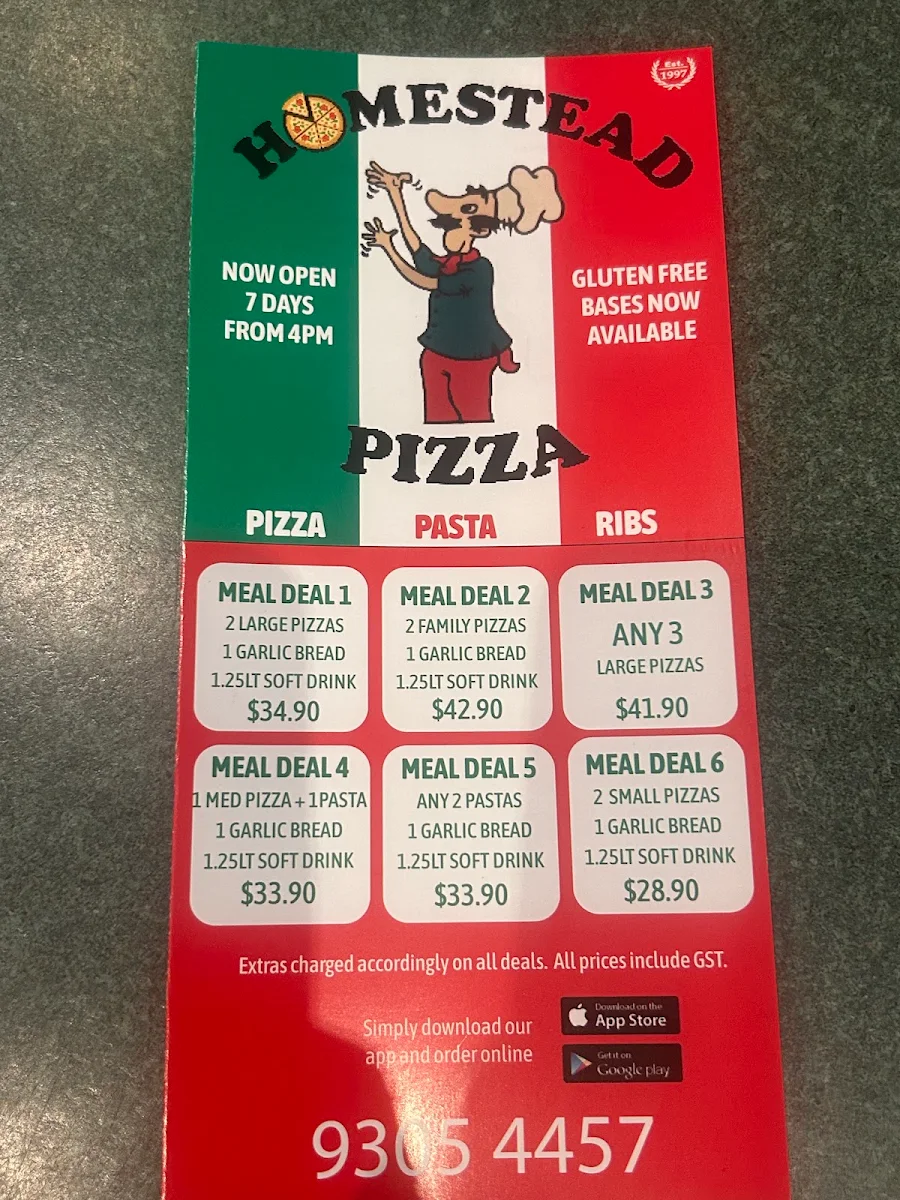 Menu, Homestead Pizza