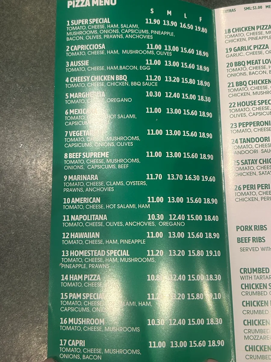 Menu, Homestead Pizza