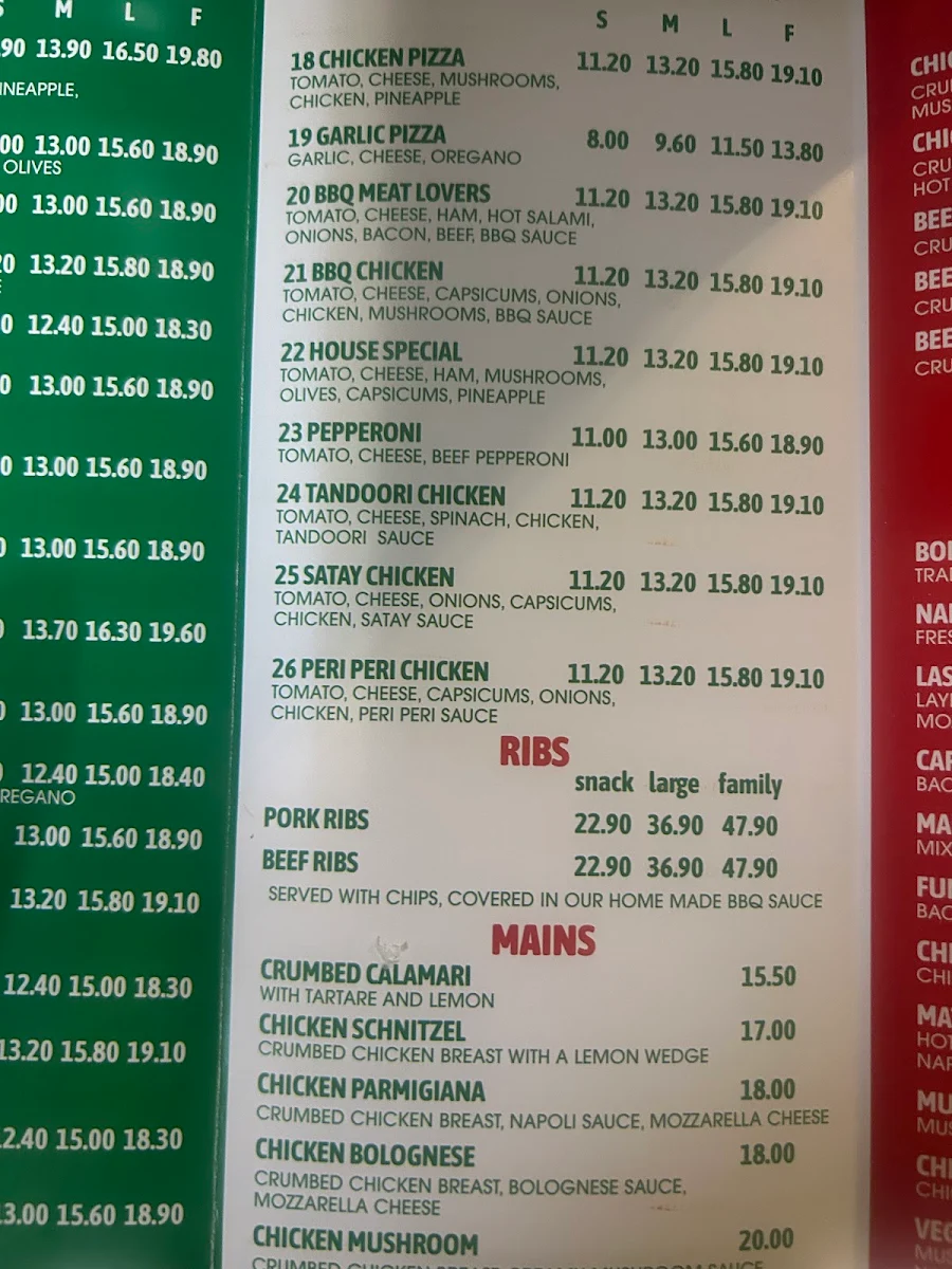 Menu, Homestead Pizza