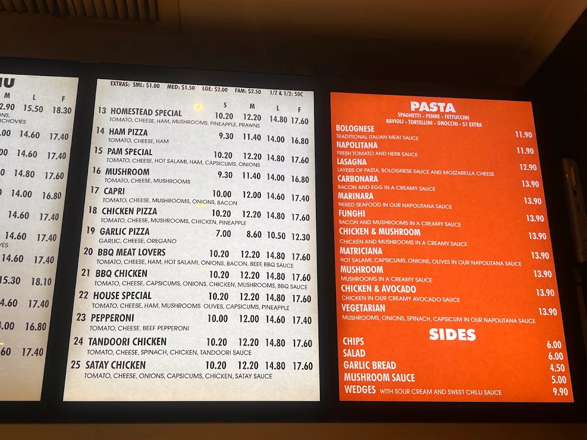 Menu, Homestead Pizza