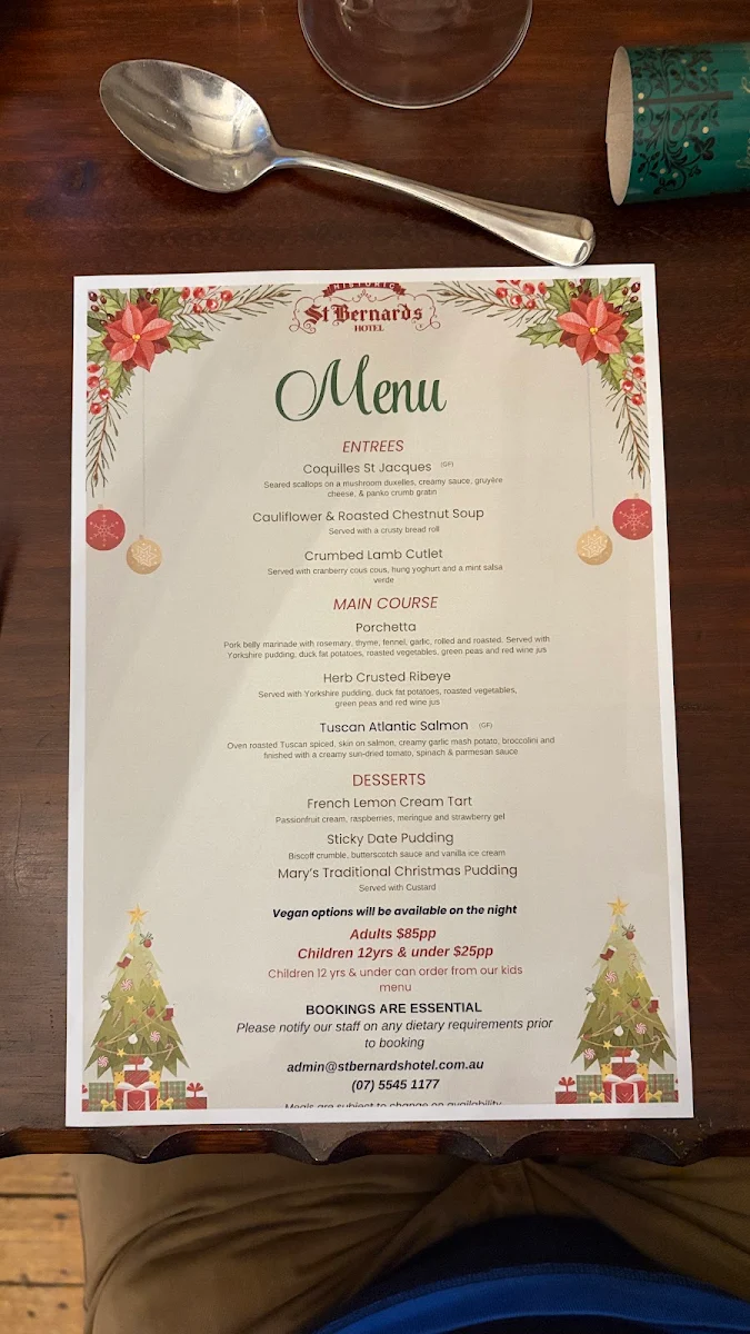 Menu, St Bernards Hotel