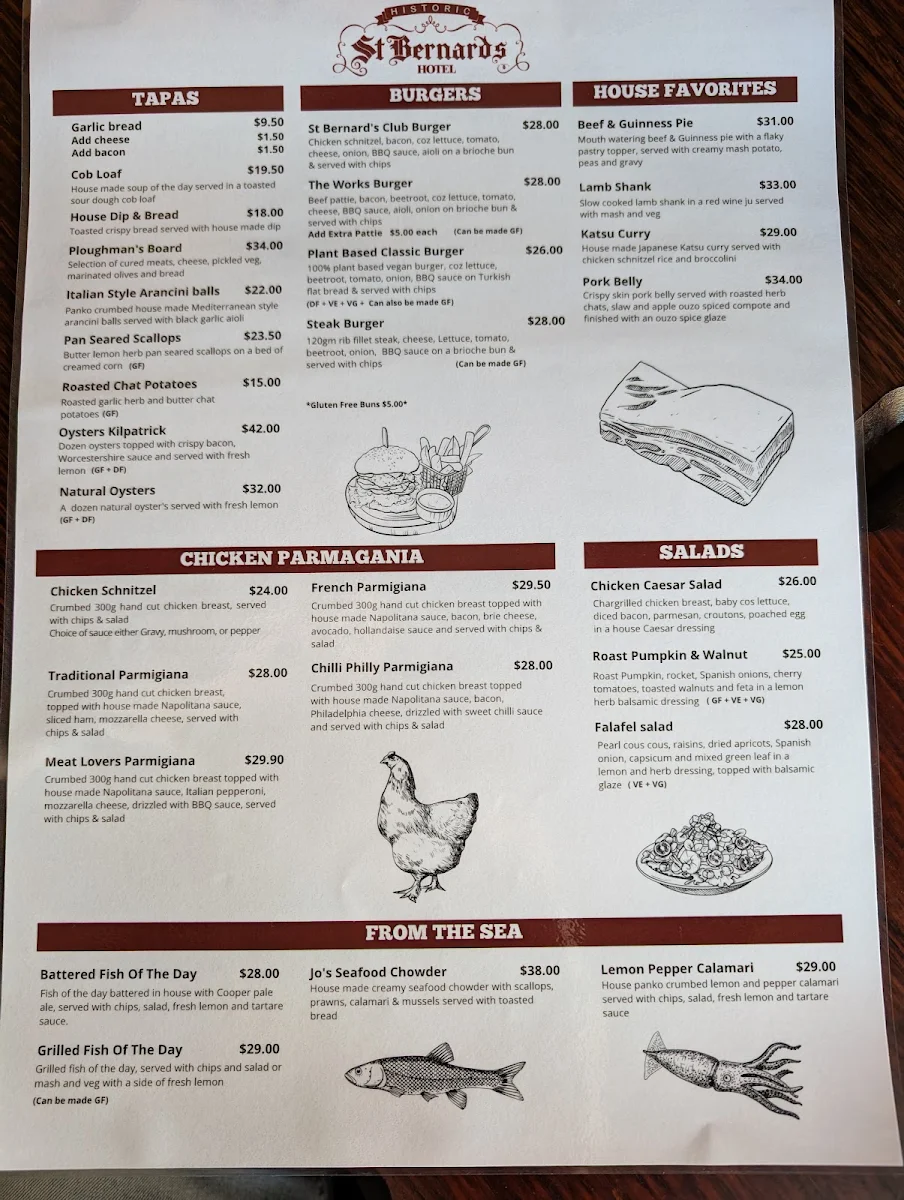 Menu, St Bernards Hotel