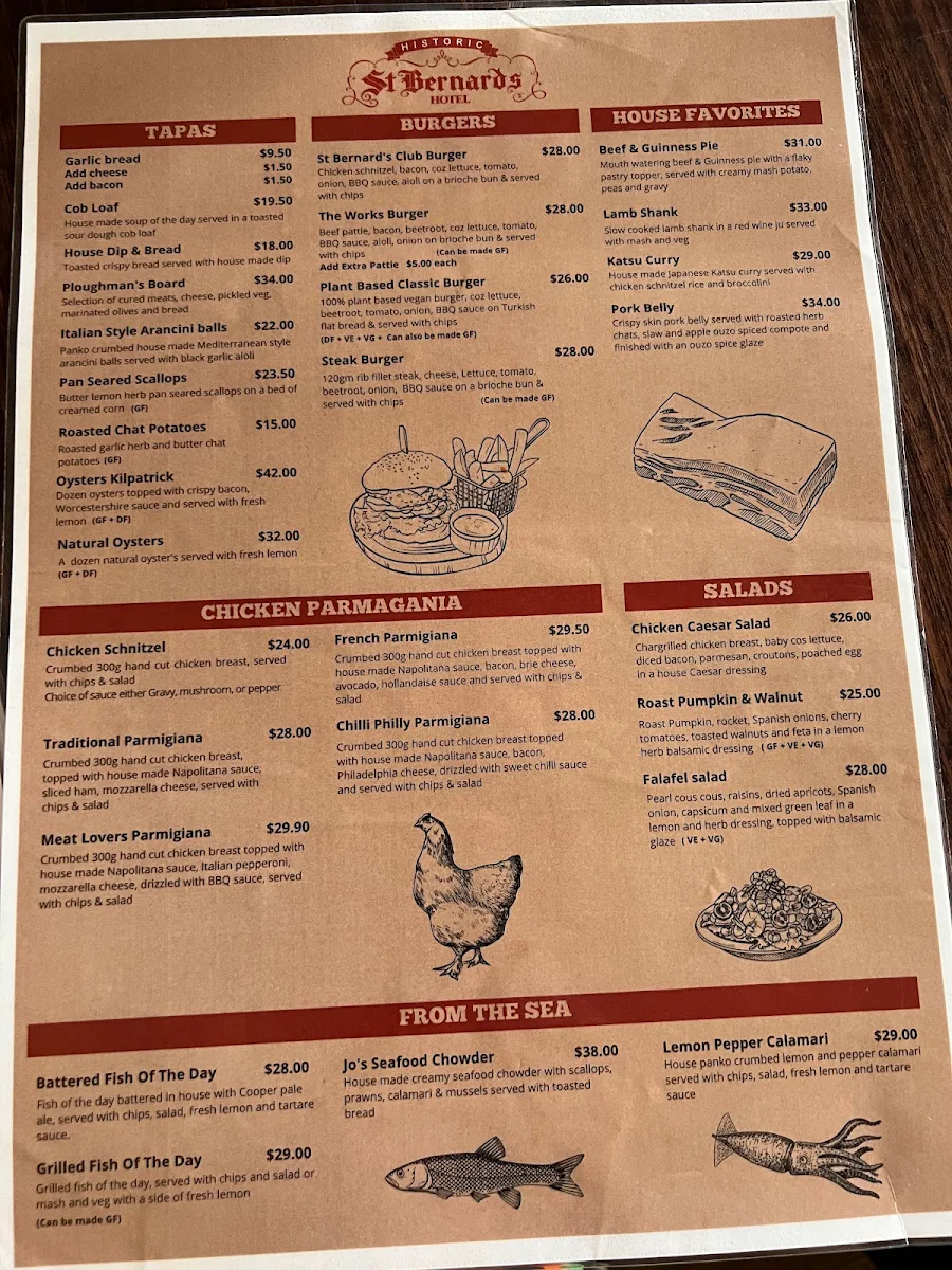 Menu, St Bernards Hotel