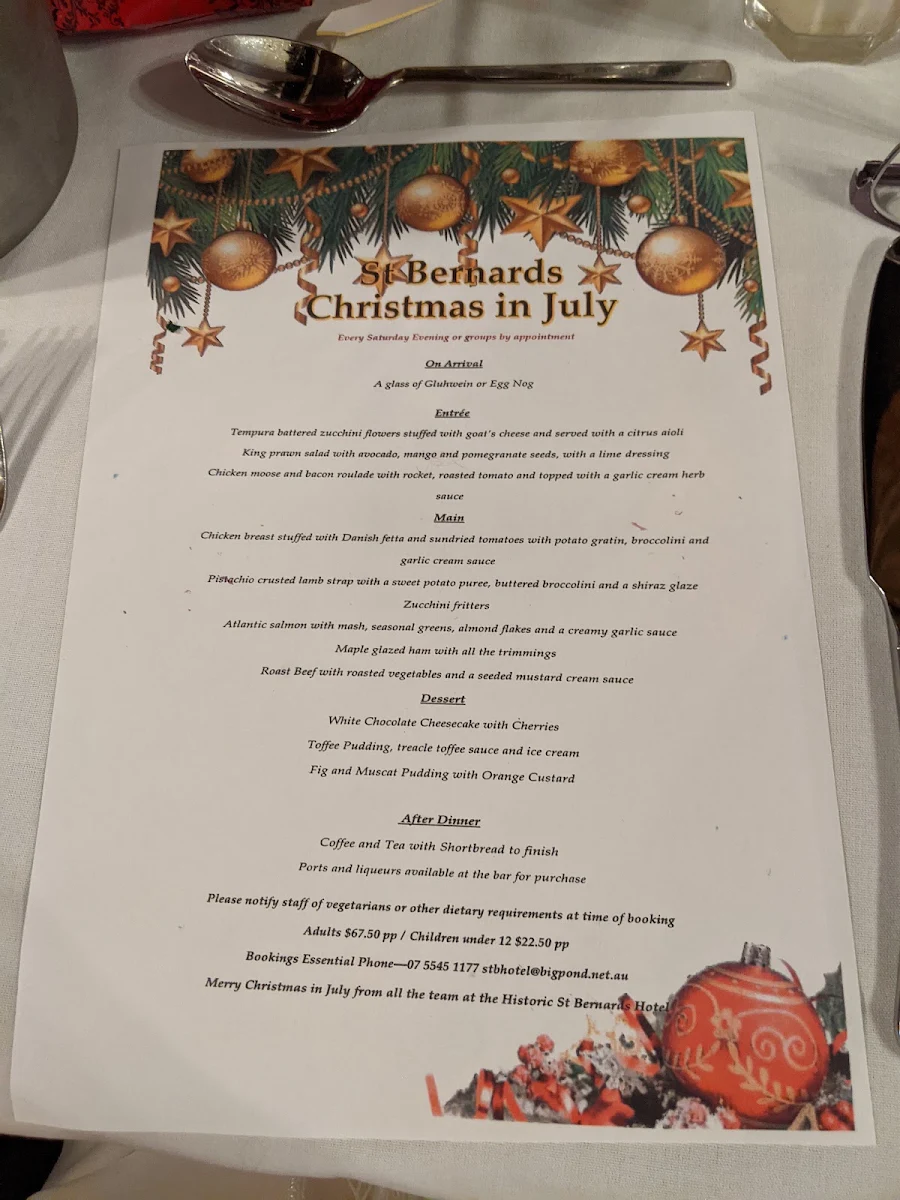 Menu, St Bernards Hotel