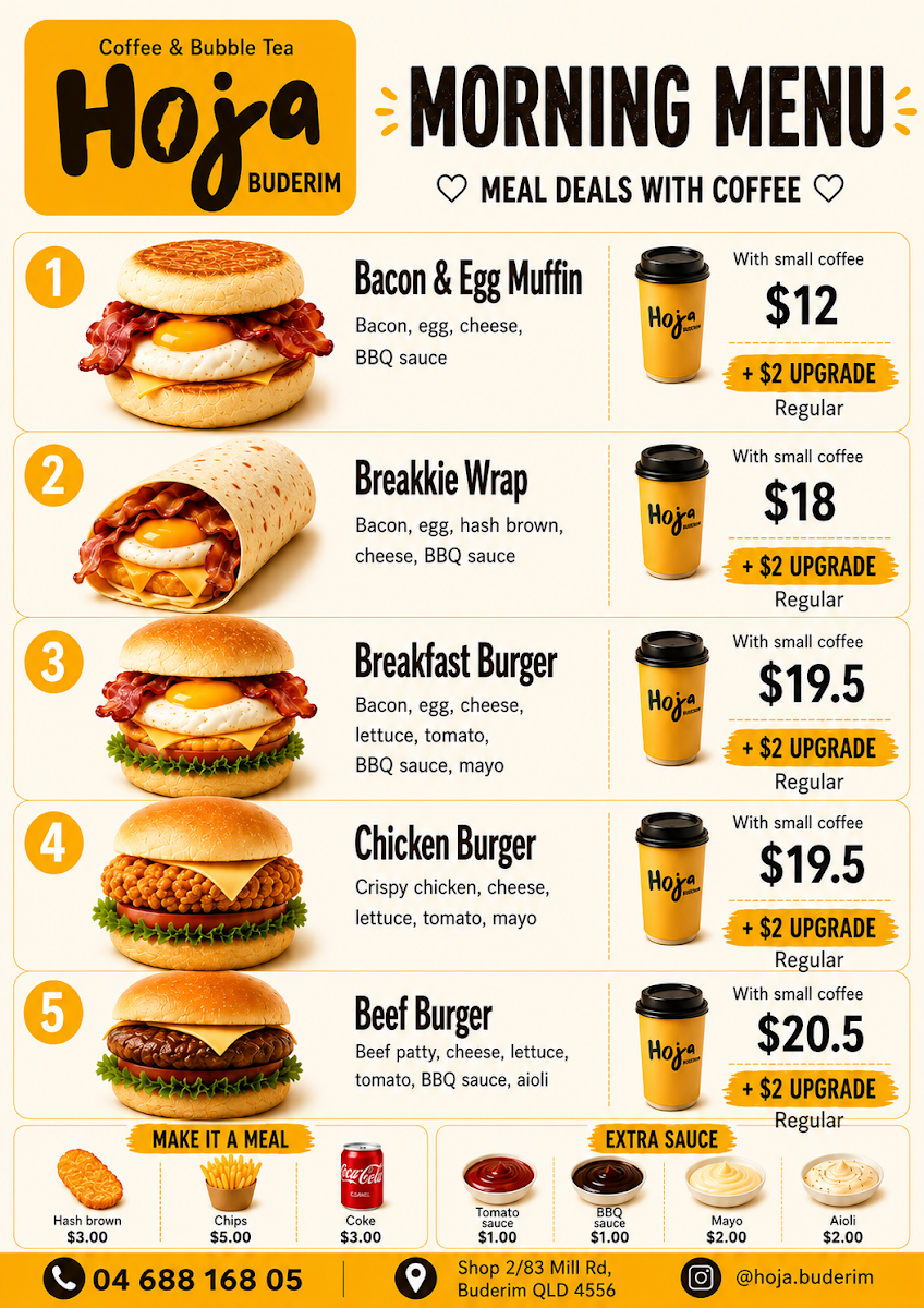 Menu, Hoja Buderim Coffee & Bubble Tea