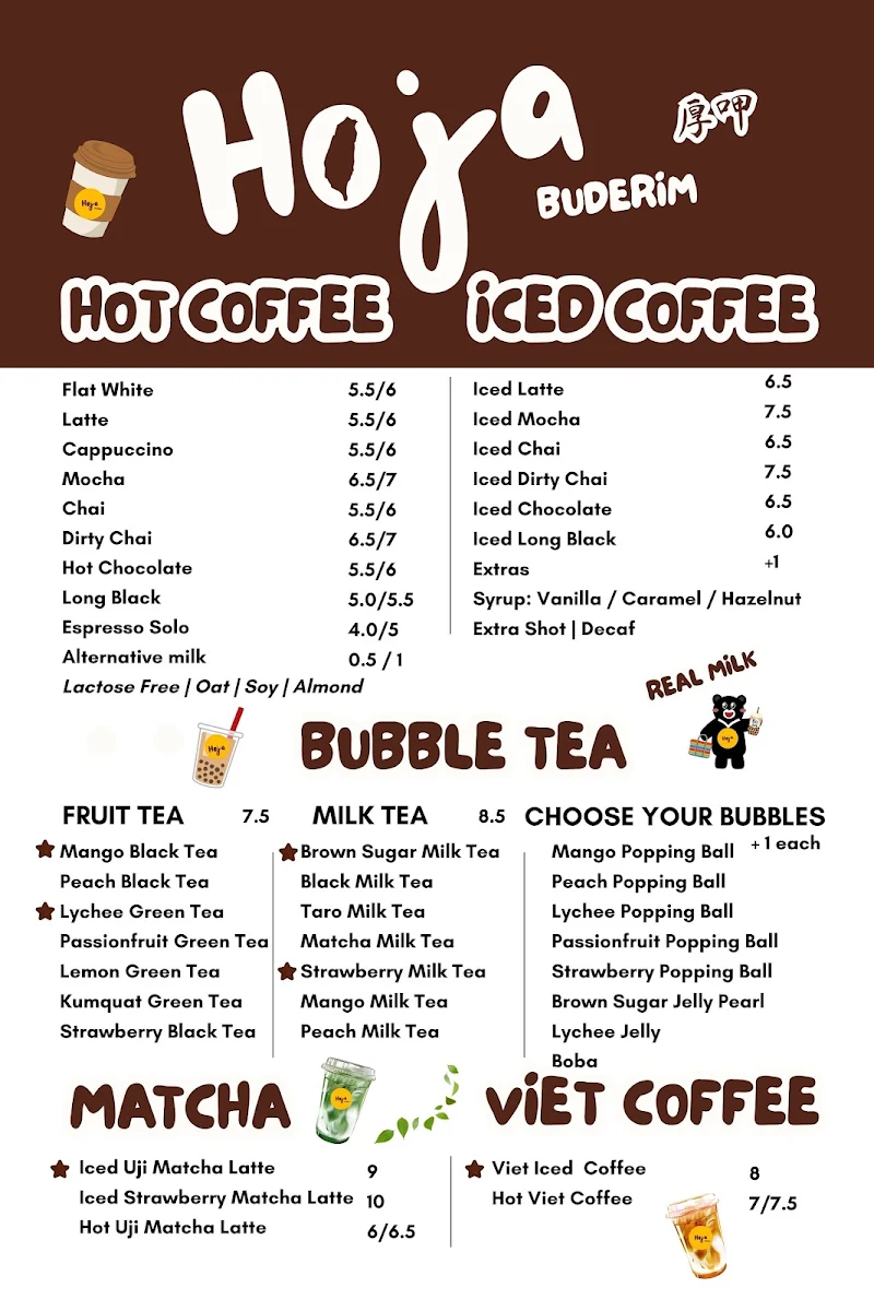 Menu, Hoja Buderim Coffee & Bubble Tea