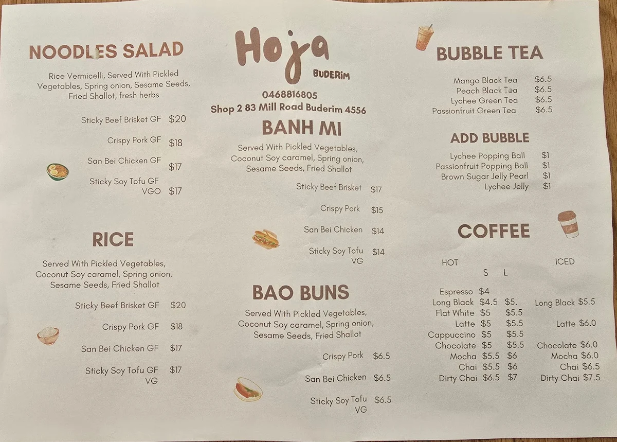 Menu, Hoja Buderim Coffee & Bubble Tea