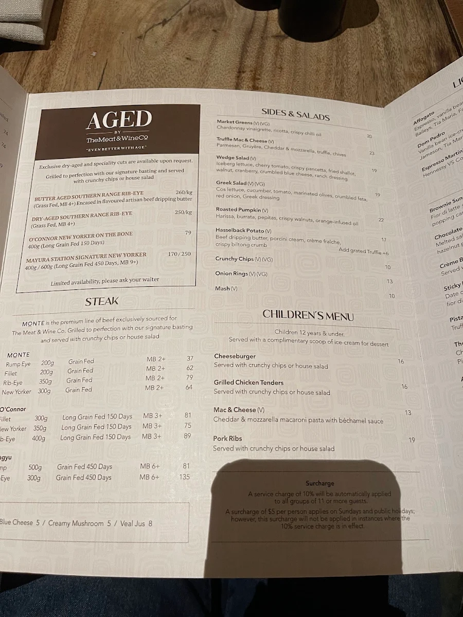 Menu, The Meat & Wine Co Adelaide CBD