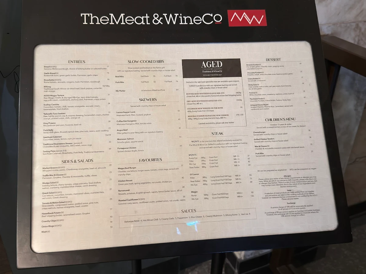 Menu, The Meat & Wine Co Adelaide CBD