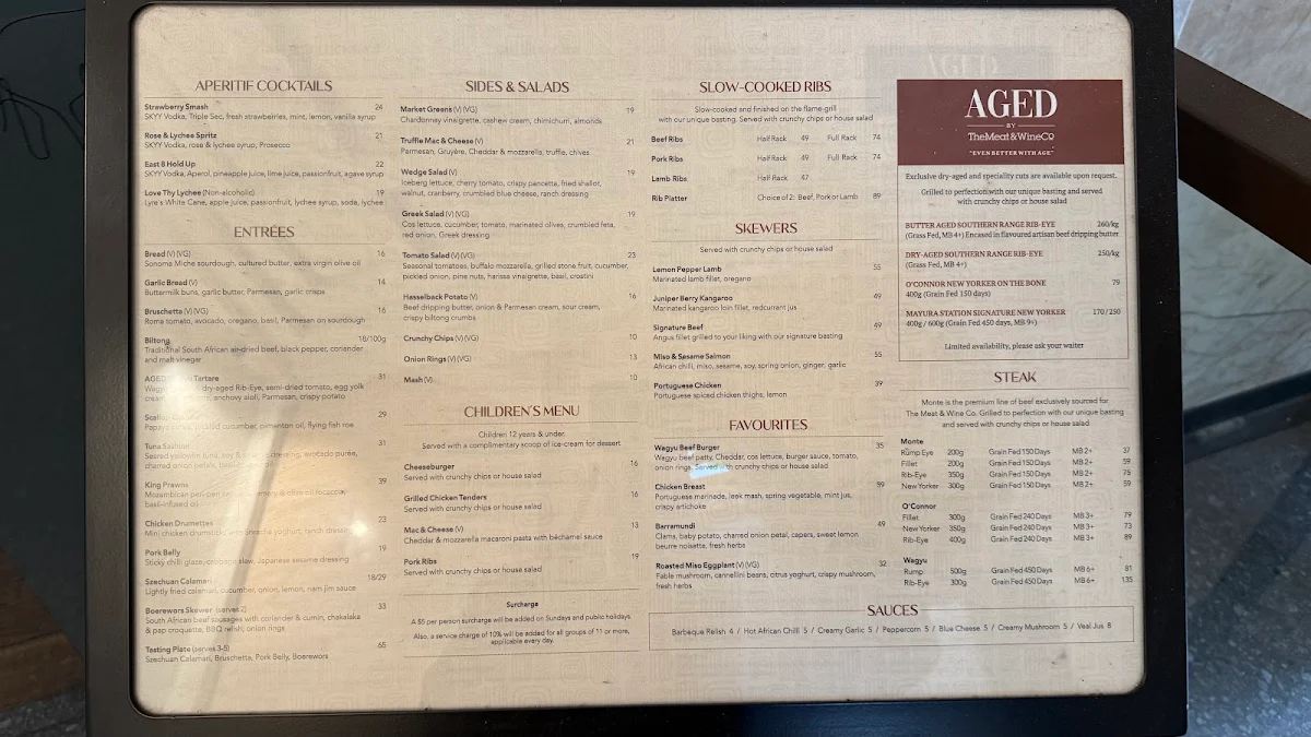 Menu, The Meat & Wine Co Adelaide CBD