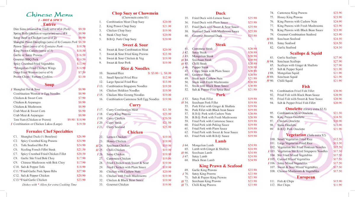 Menu, Fernalee