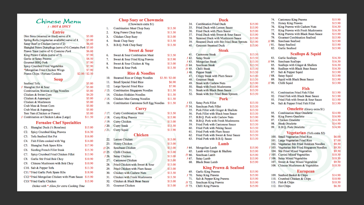 Menu, Fernalee